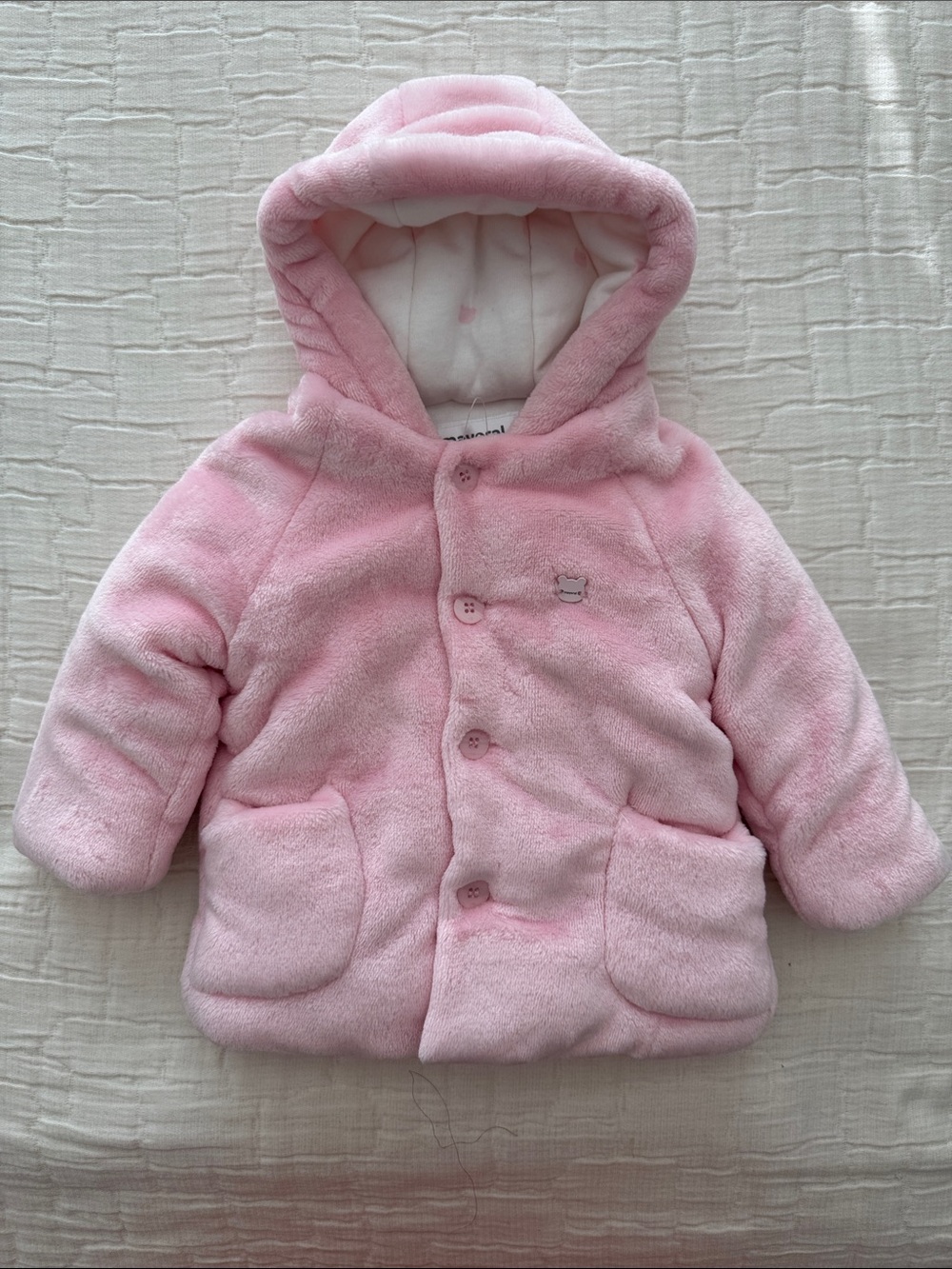 Mayoral NWT Infant Girl Faux Fur Hooded Puffer Jacket - Rose, 6 M